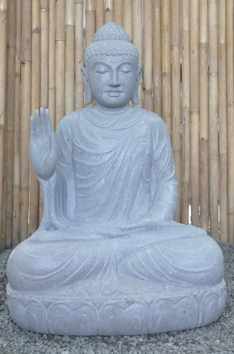  Product image 1 of the product “Seated Buddha made of Riverstone in Abhaya Position - gesture of fearlessness, H.100 cm, natural. ”